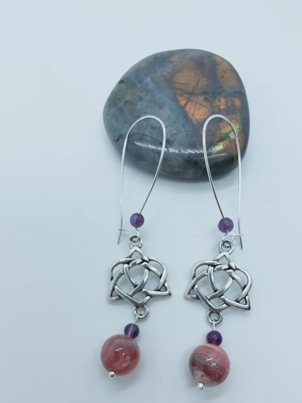 🧙♂️💎Psychogénéalogie & pierres Boucles d'oreilles en Rhodochrosite et Améthyste