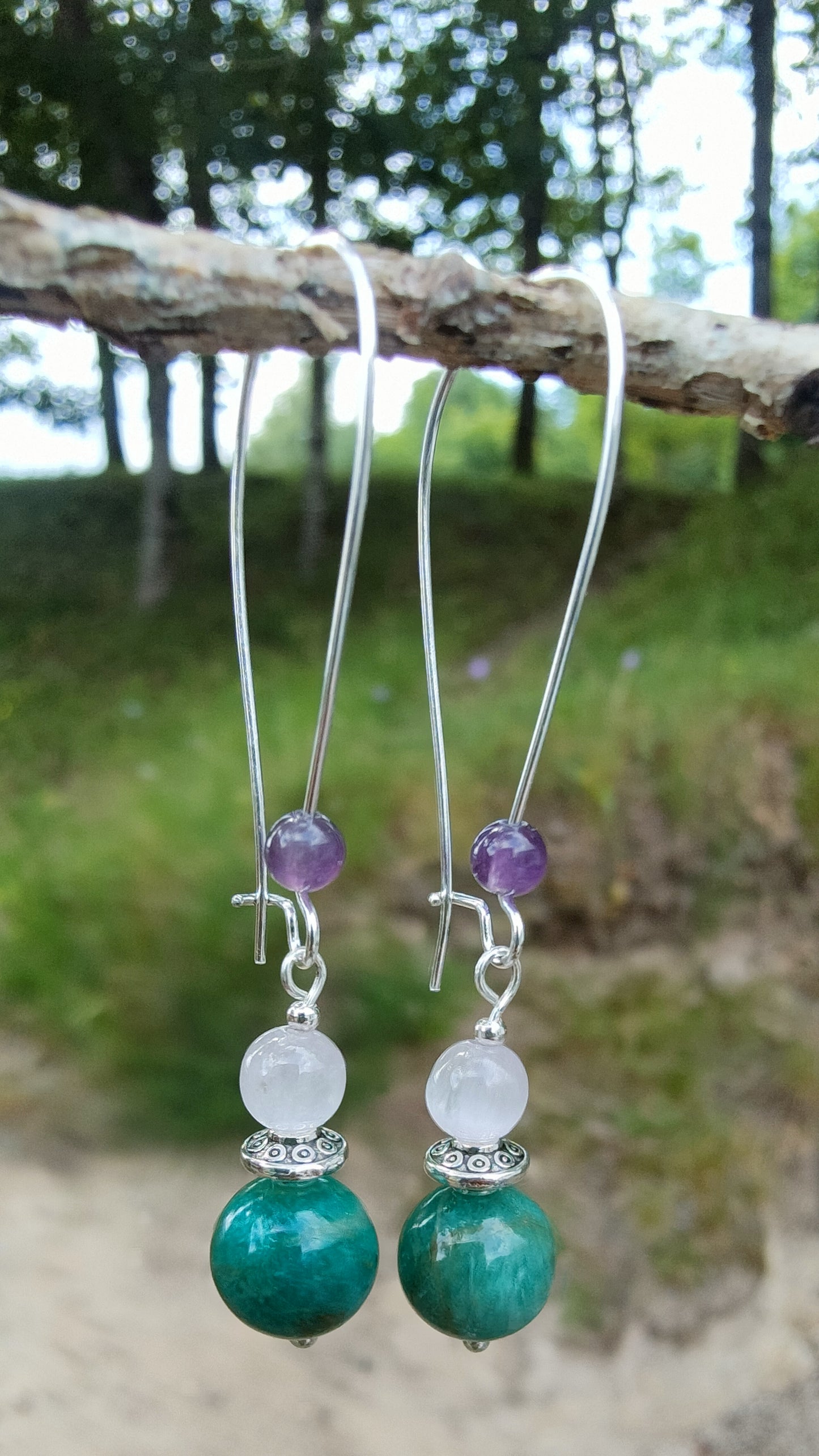Perles de COLLECTION: Boucle d'oreille en Amazonite Russe et Kunzite rose et Améthyste