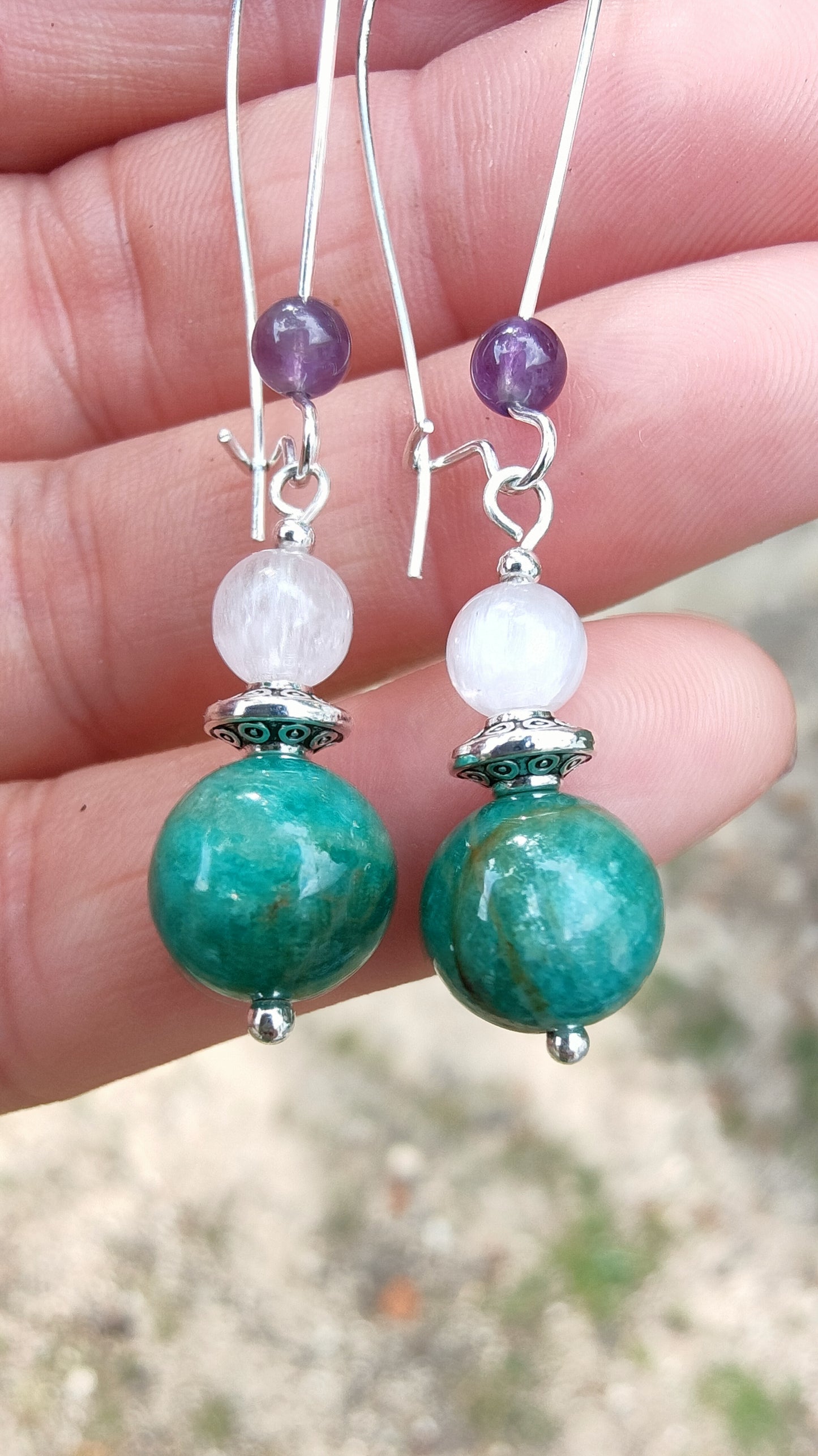 Perles de COLLECTION: Boucle d'oreille en Amazonite Russe et Kunzite rose et Améthyste