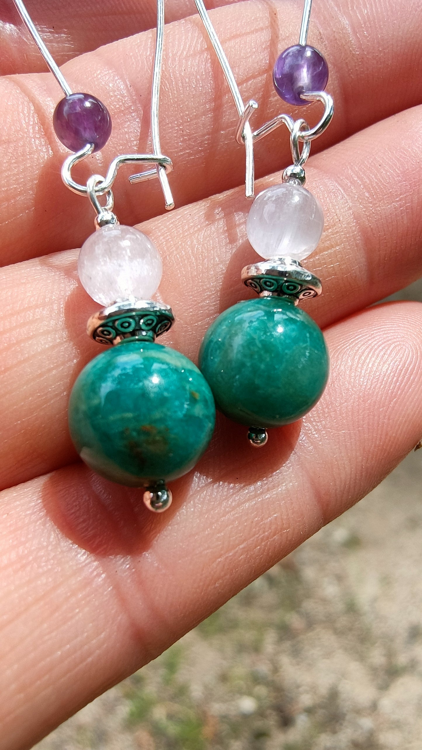 Perles de COLLECTION: Boucle d'oreille en Amazonite Russe et Kunzite rose et Améthyste