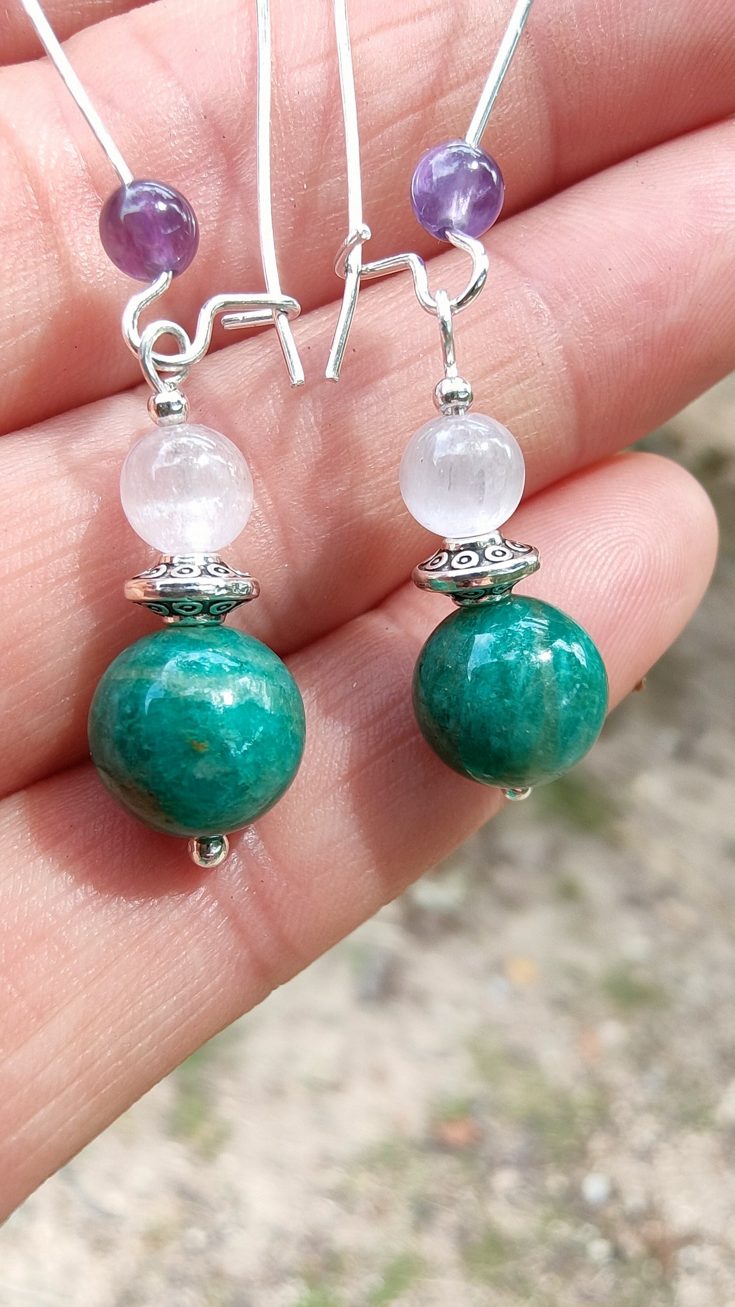 Perles de COLLECTION: Boucle d'oreille en Amazonite Russe et Kunzite rose et Améthyste