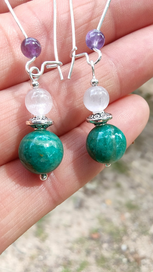 Perles de COLLECTION: Boucle d'oreille en Amazonite Russe et Kunzite rose et Améthyste