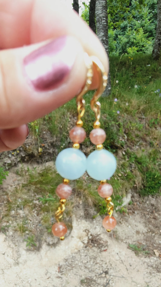 Perles de COLLECTION: Boucle d'oreille en Pierre de soleil et Aigue-marine