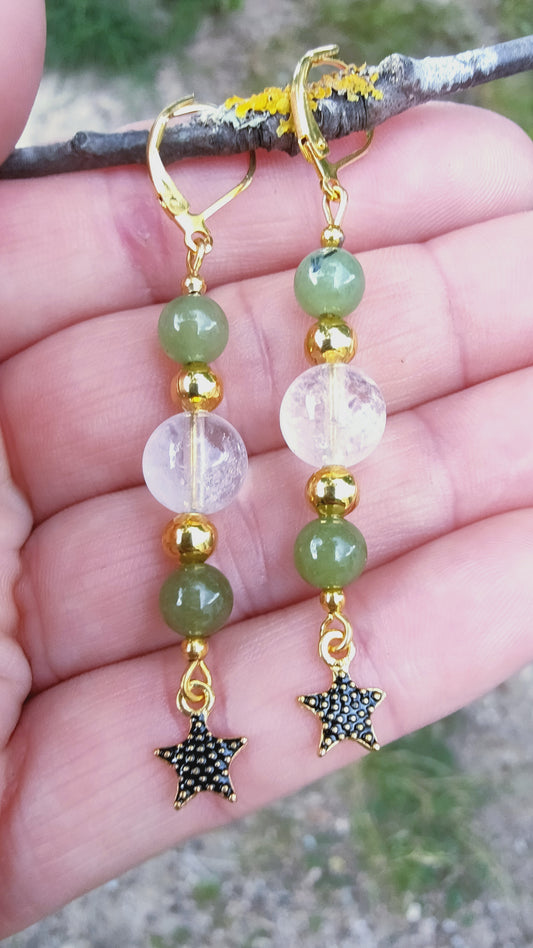 Perles de COLLECTION: Boucle d'oreille en Quartz fantôme et Jade Nephrite