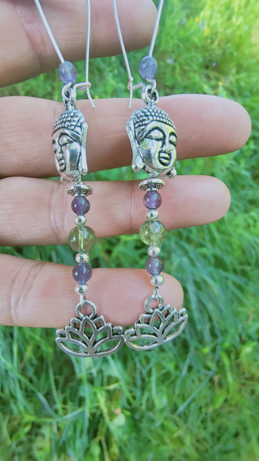 Boucles d'oreilles Bouddha Améthyste et Apatite verte